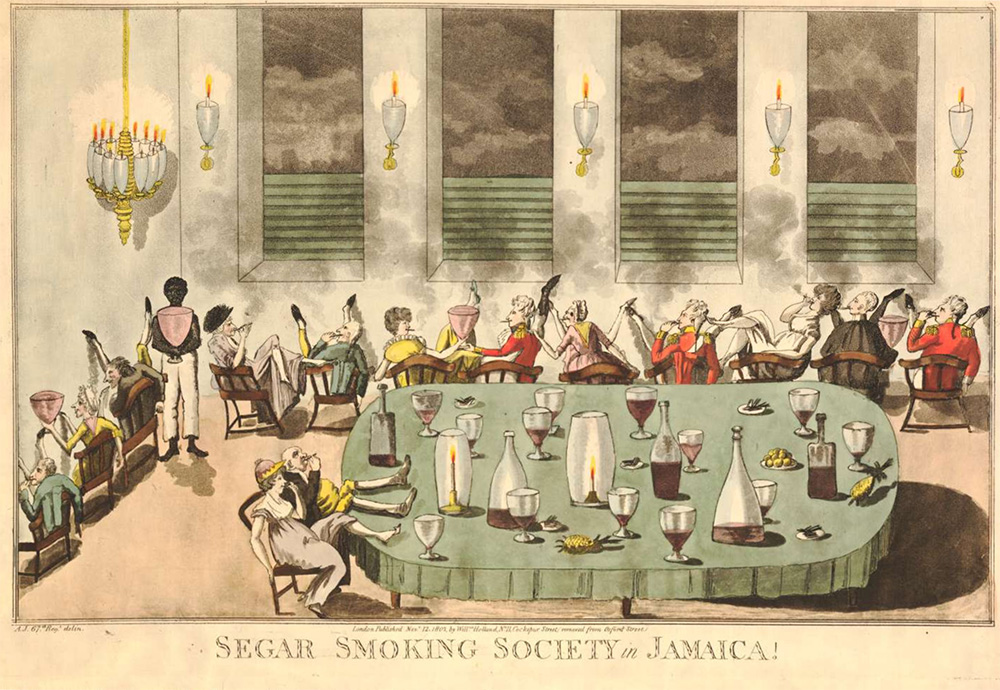 satirical print of people smoking cigars in Jamaica